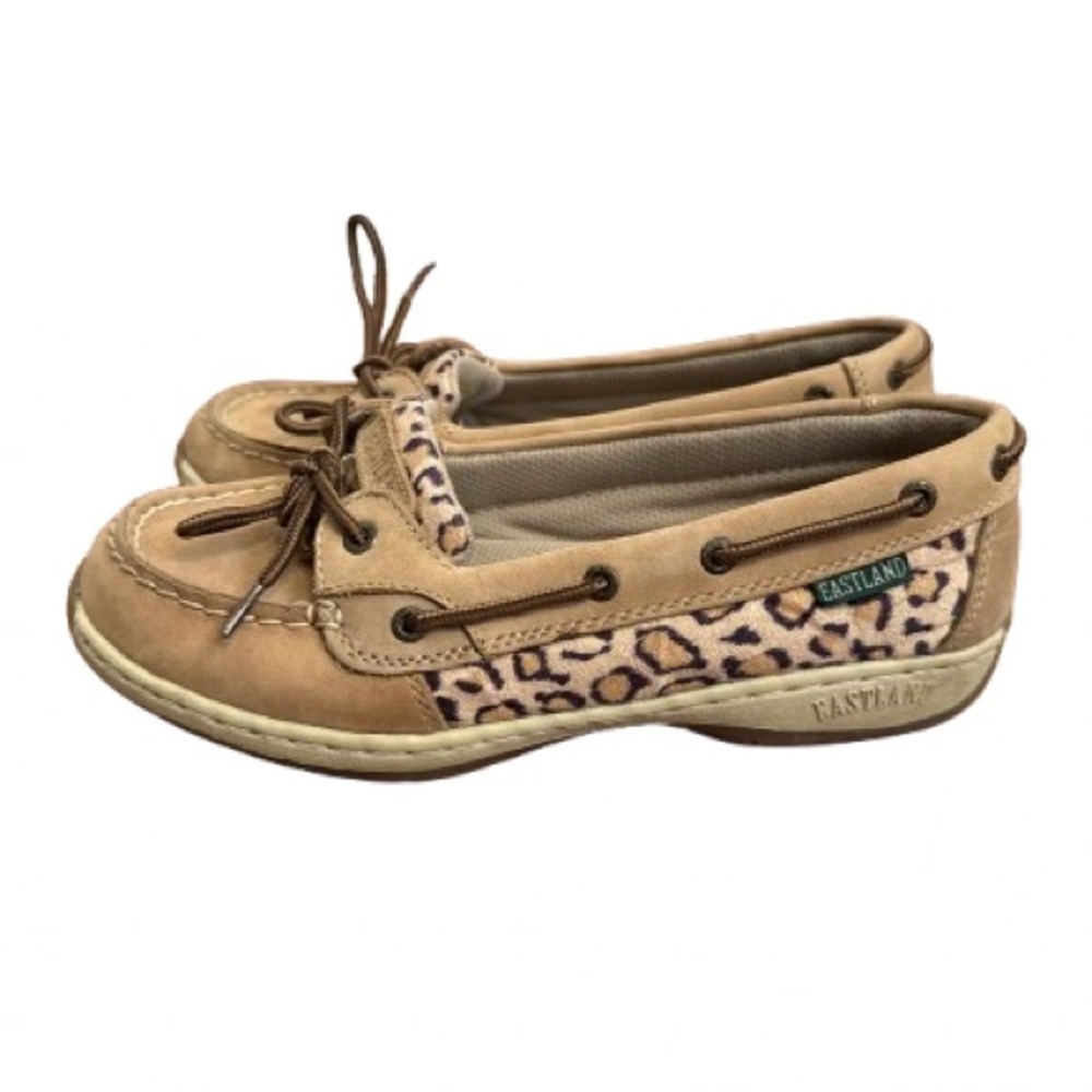 Eastland Tan Suede Boat Shoes Leopard Detail Women’s 7.5